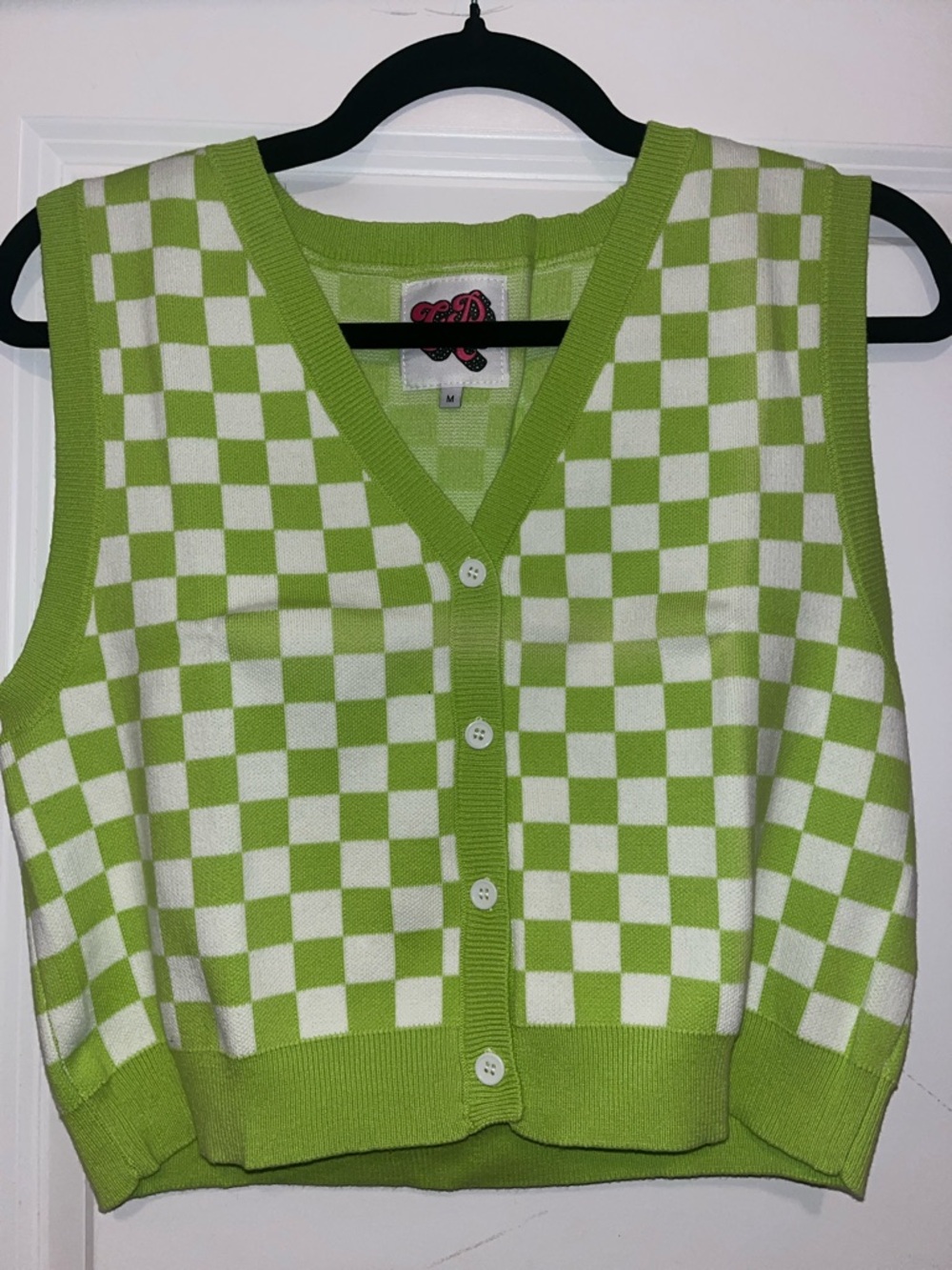 Green & White Checker Knit Button Front Vest